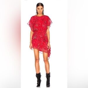 IRO Asymmetric Mini Dress Blame Red Printed Chiffon Size 36 US 4 Flutter Sleeve